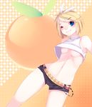  blonde_hair blue_eyes breasts food fruit kagamine_rin loyproject no_bra one_eye_closed orange short_hair small_breasts solo underboob vocaloid 