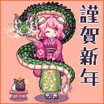  2012 alternate_costume bun_cover double_bun dragon ibaraki_kasen japanese_clothes kimono kyako_youkan lowres new_year one_eye_closed pink_hair pixel_art reiuji_utsuho reiuji_utsuho_(bird) short_hair simple_background solo touhou 