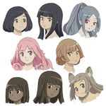  animal_ears black_hair blue_eyes brown_eyes brown_hair dark_skin face jitsu_hidari multiple_girls original pink_eyes pink_hair red_eyes smile 