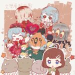  6+girls ahoge angela_(project_moon) black_sclera black_swan_(e.g.o) blood blood_from_eyes blood_in_hair bow bowtie brown_hair bug colored_sclera dress e.g.o_(project_moon) green_bow green_bowtie happy heart helmet highres hod_(project_moon) kirayumedream laetitia_(e.g.o) library_of_ruina low_twintails mask medium_hair multiple_girls multiple_persona open_mouth project_moon red_dress red_eyes red_eyes_(e.g.o) sanguine_desire_(e.g.o) short_hair smile spider today&#039;s_expression_(e.g.o) twintails vest white_vest 