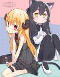  2girls animal_ears bare_arms bare_shoulders black_bow black_bowtie black_dress black_hair black_pantyhose black_socks black_thighhighs blonde_hair blush bow bowtie cat_ears cat_girl cat_tail dress hair_between_eyes highres horns little_witch_nobeta long_hair multiple_girls no_shoes nobeta official_art pantyhose phyllis_(human)_(little_witch_nobeta) phyllis_(little_witch_nobeta) red_eyes sidelocks single_thighhigh sitting sleeveless sleeveless_dress socks tail thigh_strap thighhighs very_long_hair wariza white_dress white_footwear yellow_eyes 