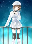  black_legwear boots brown_eyes brown_hair coat hagiwara_yukiho hat idolmaster idolmaster_(classic) ribbon ryokucha_manma short_hair skirt snowing solo thighhighs turtleneck winter 