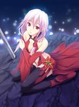  bare_shoulders black_legwear breasts center_opening cleavage detached_sleeves from_above guilty_crown long_hair looking_at_viewer looking_up medium_breasts open_mouth pink_hair red_eyes sitting solo takepon thighhighs twintails wariza yuzuriha_inori 