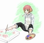  amputee apron art_brush barefoot between_toes double_amputee feet foot_hold green_eyes katawa_shoujo kekekeke mouth_hold paintbrush painting painting_(object) palette pants pants_rolled_up prehensile_toes red_hair short_hair sketch solo tezuka_rin 