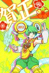  2012 chinese_clothes detached_sleeves dragon dragon_kid fighting_stance green_eyes green_hair mochizuki_anko new_year short_hair shorts smile solo superhero thighhighs tiger_&amp;_bunny 