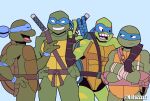  4boys absurdres blue_eyes colored_skin donatello_(tmnt) dual_persona frown grin highres mask multiple_boys natsz_(natszzzzz) ninja reptile_boy rise_of_the_teenage_mutant_ninja_turtles smile sword teenage_mutant_ninja_turtles teenage_mutant_ninja_turtles_(2003) teenage_mutant_ninja_turtles_(2012) teenage_mutant_ninja_turtles_(80s) teeth turtle turtle_boy weapon 
