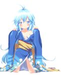  ahoge ayakashi_(monkeypanch) bad_id bad_pixiv_id blue_eyes blue_hair blush copyright_request highres japanese_clothes kimono long_hair off_shoulder smile solo very_long_hair 