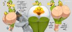 2024 absurd_res alligator alligatorid anatid anseriform anthro arched_back avian bedroom_eyes bent_over big_butt bird blush boots bottomwear bubble_butt butt clothed clothing crocodile crocodilian crocodylid dialogue digital_media_(artwork) duck english_text female flirting flirting_with_viewer footwear green_body hat headgear headwear hi_res hotpants huge_butt humanoid looking_at_viewer looking_back narrowed_eyes open_mouth presenting presenting_hindquarters red_eyes reptile scales scalie seductive sharp_teeth shoes shorts small_tail smile smiley_face solo speech_bubble spurs surprised_expression sydney_swamp_(vimhomeless) tail talking_to_viewer teeth text thick_thighs tight_clothing underwear vimhomeless white_clothing white_underwear wide_hips