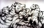  flock highres lolita_majin monochrome new_year no_humans original tiger tiger_cub tigress white_tiger 