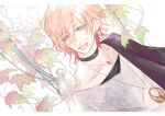  1boy animal_on_shoulder bird bird_on_shoulder black_choker black_undershirt border cable choker collarbone earrings green_eyes hair_between_eyes holostars jacket jewelry leaf letterboxed looking_at_animal looking_to_the_side male_focus orenjimaru parted_lips pendant pink_hair plant purple_jacket rikka_(holostars) short_hair single_earring single_sleeve smile solo sweater upper_body vines virtual_youtuber white_background white_border white_sweater 