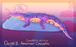 2022 ambiguous_gender american_crocodile cloud crocodile crocodilian crocodylid digital_media_(artwork) digital_painting_(artwork) english_text eyes_closed feral full-length_portrait gradient_background handwritten_text hi_res jaspering lying on_cloud on_front pictographics portrait purple_body purple_scales reptile scales scalie shaded simple_background sleeping snout solo sound_effects species_name tail teeth text thought_bubble vowelless vowelless_sound_effect yellow_body yellow_scales yellow_text zzz