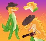 2024 anthro candy clothing cowboy_hat crocodile crocodilian crocodylid dessert digital_drawing_(artwork) digital_media_(artwork) digitigrade empty_eyes featureless_feet feet food food_creature glistening glistening_body glitch_productions gradient_background green_body gummigoo_(tadc) gun handgun hat hat_only headgear headgear_only headwear headwear_only hi_res holding_gun holding_handgun holding_object holding_pistol holding_ranged_weapon holding_weapon jaspering living_candy male mostly_nude narrowed_eyes open_mouth pistol ranged_weapon reptile scalie shaded signature simple_background smile snout solo standing tail the_amazing_digital_circus weapon white_eyes yellow_body