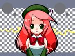  anime_coloring antennae bare_shoulders checkered checkered_background detached_sleeves green_eyes hat headset lightning long_hair momone_momo open_mouth pink_hair ribbon solo tegaki_(lollop) upper_body utau 