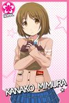  bad_id bad_pixiv_id bag brown_eyes brown_hair card_(medium) card_parody cardigan character_name cinderella_girls_card_parody flower flower_(symbol) food food_on_face hair_ornament hairclip idolmaster idolmaster_cinderella_girls mimura_kanako onion_(lemlaml) parody plaid plaid_skirt pocky school_uniform short_hair skirt solo star sweater sweet_potato yakiimo 