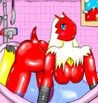  bathing bathtub blaziken blue_eyes blush breasts butt female grey_of_the_day looking_at_viewer nintendo pok&#233;mon pok&eacute;mon questionable_anatomy red red_body solo tail video_games water 
