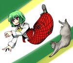  animal_ears ascot bangs cat dress_shirt flying green_hair hitsuji_bako kazami_yuuka open_mouth outstretched_arm outstretched_hand plaid plaid_skirt plaid_vest red_eyes shirt short_hair skirt skirt_set smile solo tail touhou vest wavy_hair 