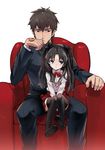  1girl :&lt; bad_id bad_pixiv_id black_legwear blue_eyes brown_eyes brown_hair chair child command_spell easy_chair fate/zero fate_(series) hair_ribbon kotomine_kirei long_hair ocha_(oteaaa) ribbon short_hair sitting thighhighs toosaka_rin twintails younger 