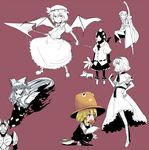  alice_margatroid arm_up arms_behind_back bangs belt bird blonde_hair blunt_bangs braid brooch clenched_hand crow dog dress dress_shirt fan frilled_dress frills fujiwara_no_mokou geta grin hat hitsuji_bako hong_meiling inubashiri_momiji jewelry lance mary_janes moriya_suwako multiple_girls open_mouth outstretched_arm partially_colored pointing polearm purple_background raised_fist remilia_scarlet sash shameimaru_aya shirt shoes short_hair smile spear_the_gungnir tadpole tokin_hat touhou twin_braids weapon wings 