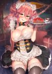  1girl alternate_costume animal_ear_fluff animal_ears apron blush breasts christmas christmas_tree cleavage dress fate/extra fate/grand_order fate_(series) fox_ears fox_girl frills highres kawai large_breasts long_hair looking_at_viewer maid maid_apron maid_headdress pink_hair puffy_short_sleeves puffy_sleeves shiny shiny_hair shiny_skin short_sleeves skirt solo tamamo_(fate)_(all) tamamo_no_mae_(fate) thighhighs waist_apron 