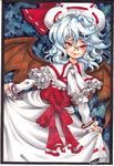  bat_wings blue_hair capelet colored_pencil_(medium) curiosities_of_lotus_asia dress fang frills hat hat_ribbon jewelry long_sleeves looking_at_viewer mosho red_eyes remilia_scarlet ribbon ring short_hair signature skirt skirt_lift smile solo touhou traditional_media windowboxed wings 