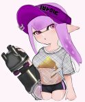  1girl blunt_bangs breasts fishnets highres holding holding_weapon inkling inkling_girl inkling_player_character long_hair looking_at_viewer nautilus_(splatoon) pink_eyes pointy_ears purple_hair shirt shorts simple_background sino_(o_x_x_o) splatoon_(series) splatoon_3 tied_shirt visor_cap weapon 
