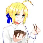  :t ahoge artoria_pendragon_(all) bad_id bad_pixiv_id blonde_hair bowl chopsticks eating ehee fate/stay_night fate_(series) green_eyes rice saber simple_background solo white_background 