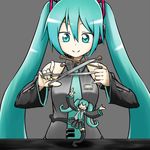  aqua_eyes aqua_hair character_doll detached_sleeves halterneck hanya_(hanya_yashiki) hatsune_miku headset highres long_hair nail_polish necktie puppet scissors simple_background solo string twintails vocaloid wide_sleeves 