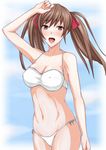  alicia_melchiott arm_up bikini breasts brown_eyes brown_hair cleavage commentary_request covered_nipples cowboy_shot hair_ribbon kouen_miska large_breasts long_hair midriff navel open_mouth ribbon senjou_no_valkyria solo swimsuit twintails 