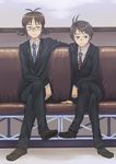  akizuki_ritsuko androgynous antenna_hair braid brown_eyes brown_hair crossdressing crossed_legs formal glasses idolmaster idolmaster_(classic) inu_(aerodog) kikuchi_makoto multiple_girls pant_suit reverse_trap sitting smile suit 