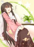  1girl black_hair blush brown_eyes bunny couch efe floral_print head_out_of_frame houraisan_kaguya long_hair open_mouth pants plant potted_plant shirt sitting sitting_on_lap sitting_on_person skirt star touhou very_long_hair 