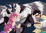  1boy 1girl alien black_hair blush cape dc_comics dick_grayson domino_mask fur hug killer_moth mask monster_boy mothman red_hair robin robin_(dc) starfire sweat teen_titans 