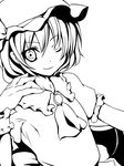  akina_(schism) ascot bad_id bad_pixiv_id bat_wings brooch greyscale hat jewelry lineart monochrome one_eye_closed remilia_scarlet short_hair smile solo touhou upper_body wings 