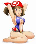  1girl ass bandana bandanna barefoot belt bikini blue_eyes blush breasts brown_hair cleavage erect_nipples fingerless_gloves gloves haruka_(pokemon) kasumi_(pokemon)_(cosplay) large_breasts navel open_mouth poke_ball pokemon pokemon_(anime) sitting sling_bikini smile solo swimsuit tof 