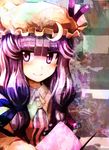  bangs blunt_bangs blush book close-up closed_mouth crescent dress face hair_ribbon hat highres ikamagu long_hair patchouli_knowledge purple_eyes purple_hair ribbon smile solo striped striped_dress touhou upper_body 