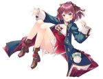  1girl :d ass atelier_(series) atelier_sophie_2 blue_coat boots braid brown_footwear coat collared_coat commentary commission english_commentary full_body hand_up highres jewelry knees_up long_coat long_sleeves looking_at_viewer necklace open_mouth outstretched_arm red_eyes red_hair red_skirt shizuki_ayame short_hair side_braid simple_background sitting skeb_commission skirt smile solo sophie_neuenmuller white_background 