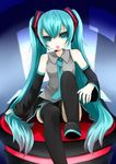  akira_ry0 aqua_eyes aqua_hair bad_id bad_pixiv_id detached_sleeves hatsune_miku highres long_hair necktie open_mouth sitting skirt solo thighhighs twintails very_long_hair vocaloid 