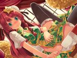  alternate_costume black_legwear blue_eyes blush braid breasts bun_cover chinese_clothes cleavage cleavage_cutout curtains double_bun dragon dutch_angle hair_ornament hair_ribbon hand_on_own_stomach hong_meiling legs_folded long_hair looking_at_viewer lying medium_breasts mikan_(bananoha) naked_tabard no_panties patterned red_hair ribbon short_sleeves solo star star_hair_ornament tabard thighhighs touhou twin_braids window 