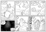  abdominal_bulge canine cat dialog feline forced idea james_howard lightbulb male mammal monochrome oral_vore saliva size_difference text vomit vore 