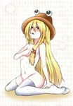  absurdres blonde_hair colorized covering covering_breasts hat highres moriya_suwako nude rinyuu solo thighhighs touhou white_legwear yellow_eyes 