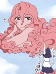  arms_up cloud day genderswap genderswap_(mtf) giantess hood kumoi_ichirin long_hair multiple_girls neko_majin pink_eyes pink_hair touhou translated unzan 