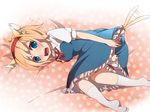  alice_margatroid animal_ears bad_id bad_pixiv_id blonde_hair bloomers blue_dress blue_eyes blush cat_ears cat_tail covering covering_crotch dress hairband kemonomimi_mode lying on_side short_hair solo tail tail_wagging tears touhou tsuno_no_hito underwear wavy_mouth 