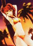  absurdres armpits arms_up bikini breasts dark_persona earrings groin highres jewelry kujikawa_rise long_hair looking_at_viewer navel night night_sky official_art palm_tree persona persona_4 red_hair side-tie_bikini sky small_breasts smile sogabe_shuuji solo sunset swimsuit tree water yellow_eyes 