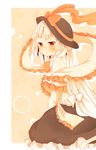  blush bow cosplay frills fujiwara_no_mokou hair_bow hat long_hair nagae_iku nagae_iku_(cosplay) red_eyes ribbon shawl silver_hair skirt solo toadstool_(natadekoko) touhou very_long_hair white_hair 