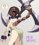  ? accio ass back backless_outfit bad_id bad_pixiv_id blade breasts brown_hair dress large_breasts mask nail painwheel_(skullgirls) red_eyes side_slit sideboob skullgirls solo strapless strapless_dress veins 