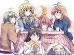  akizuki_ritsuko amami_haruka balancing black_hair blonde_hair blue_eyes blush brown_hair closed_eyes cup food fruit ganaha_hibiki glasses green_eyes hair_down hairband heart hoshii_miki idolmaster idolmaster_(classic) kotatsu long_hair mandarin_orange multiple_girls natsu_(anta_tte_hitoha) otonashi_kotori ponytail red_eyes scrunchie shijou_takane silver_hair sitting sleeping sweatdrop table twintails 