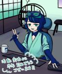  absurdres bag blue_hair chair character_print cleavage_cutout clothing_cutout commentary_request cup desk drawing_tablet eyemask gloves green_eyes green_hair handbag highres holding holding_stylus indie_virtual_youtuber japanese_clothes light_blush looking_at_viewer mask mask_on_head mug okada_kinoko open_mouth partially_fingerless_gloves print_mug rin_rokushou shelf shouji sitting sliding_doors solo stylus swept_bangs table translation_request virtual_youtuber w 