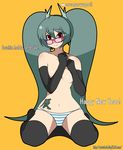  bad_id bad_pixiv_id bespectacled elbow_gloves glasses gloves green_hair hatsune_miku long_hair new_year red_eyes seiza simple_background sitting solo tattoo thighhighs topless twintails very_long_hair vocaloid yajirushi_kaku 