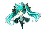  ahoge animal_ears aqua_eyes aqua_hair cat_ears chibi detached_sleeves full_body hair_ribbon hatsune_miku kenneos leg_lift long_hair necktie ribbon skirt sleeves_past_wrists smile solo thighhighs transparent_background twintails very_long_hair vocaloid 