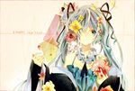  aqua_eyes aqua_hair flower hair_flower hair_ornament hair_over_one_eye hair_ribbon hatsune_miku long_hair new_year omutatsu ribbon solo twintails vocaloid 