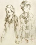  1girl blurry couple embarrassed glasses hetero holding_hands kamifish katawa_shoujo monochrome opaque_glasses scarf setou_kenji shirakawa_yuuko traditional_media 